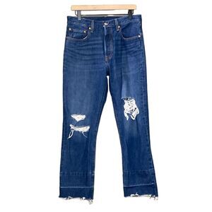 Levi’s 501 Big E Dark Wash Denim Button Fly Distressed Raw Hem 30x28